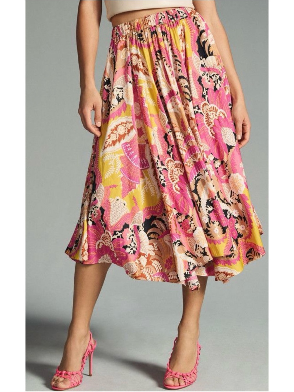 Floral Print Pink & Yellow Midi Skirt